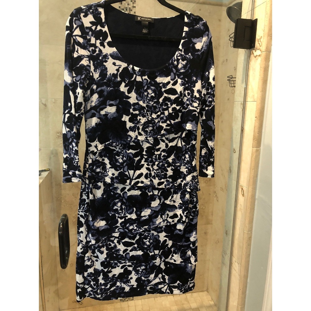 INC International Concepts Blue White Floral Ruffle Shift Dress 3/4 Sleeve L